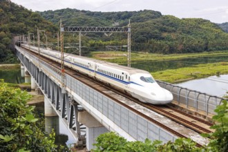 Shinkansen type N700 high-speed train of Japan Rail JR train on the Sanyo Shinkansen line in