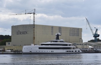 Superyacht HAVEN in front of the Lürssen shipyard near Rendsburg, Schleswig-Holstein, Germany,