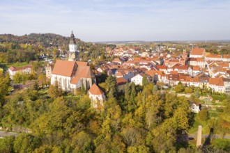 Aerial view of the town with St Mary's Church, town hall and St Annen monastery church, Kamenz,