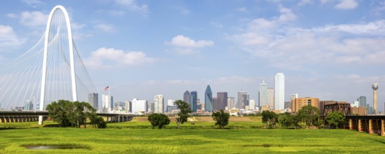 Dallas skyline at the Trinity River and Margaret Hunt Hill Bridge Panorama in Texas Dallas, USA,