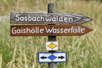 Signpost at the Gaishölle waterfalls, Sasbachwalden, Hiking, Black Forest, Baden-Württemberg,