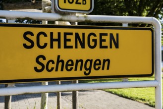 Road sign, Schengen lettering, Schengen, Canton of Remich, Luxembourg, Europe