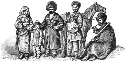 Portrait of a group of Caucasians with men, woman and child, inhabitants of the Caucasus region,