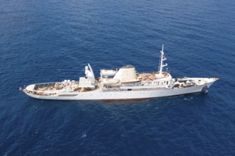 Aerial view 99 metre long motor yacht Christina O, former frigate built in 1942 by Canadian