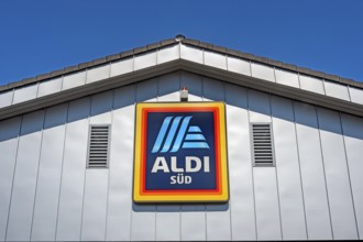 Façade and logo of Aldi Süd in Sonthofen, Allgäu, Swabia, Bavaria, Germany, Europe