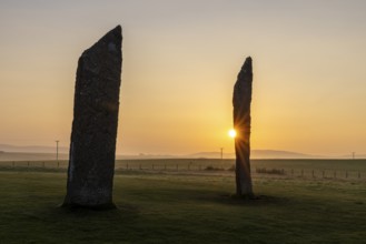 Stones of Stenness Circle and Henge at sunrise, stone circle and henge, Neolithic monument, UNESCO