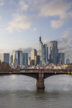 A big city in the evening at sunset. Modern buildings in a skyline by the river. Skyscrapers are