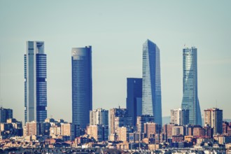 Madrid, Spain, December 31, 2021: Cityscape of Cuatro Torres Business Area. Financial district,