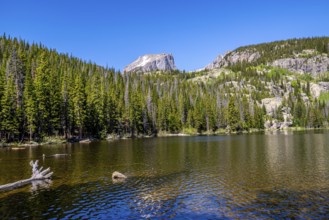 At the Bear lake in the National Park Rocky Mountains with blue sky in summertime, landscape format