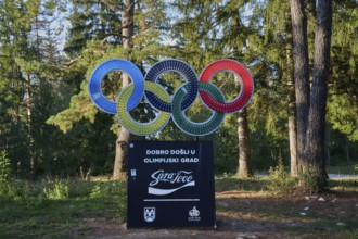 Olympic rings, commemoration of the 1984 Sarajevo Winter Olympics, on Mount Trebevic, Sarajevo,