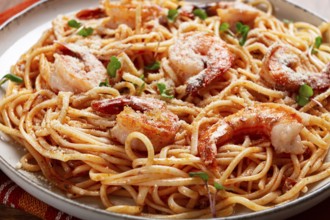 Spaghetti with tiger prawns, in tomato sauce, homemade, top view, no people