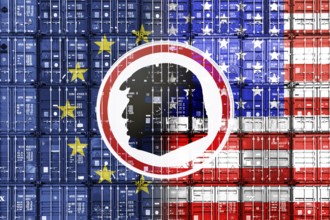 Sign with silhouette of Donald Trump in front of stacked containers with European and US flags,