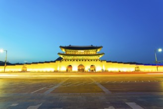 Long exposure car lights leaving a straight light trail in front of Gwanghwamun main entrance gate