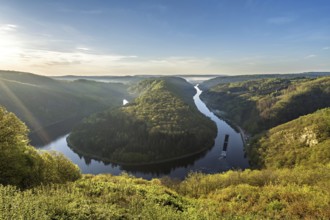 Sunrise over the Saar Loop in Mettlach in spring, Germany, Europe