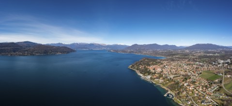Drone landscape panorama of Lake Maggiore in the Italian Lake District and the village of Ispra