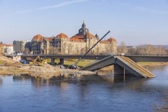 Demolition work continues after the partial collapse of the Carola Bridge, Dresden, Saxony,
