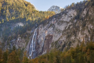 Röthbach Falls waterfall at Obersee in autumn, Königssee, Schönau, Berchtesgaden National Park,