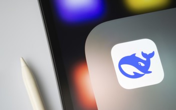 A close up of an iPad screen displaying the Deepseek Ai app icon