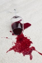 A toppled glass of red wine soils a carpet, A toppled glass of red wine with a dirty carpet.