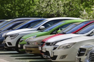 Moscow, Russia, 17 May. 2021. Row of cars parked along road, Europe