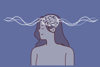 Woman uses telepathy or telekinesis, posing with waves spreading from brain to exchange information