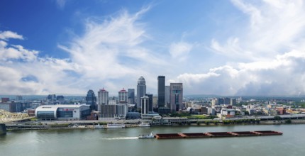Aerial view of the city of Louisville, Kentucky on the Ohio River