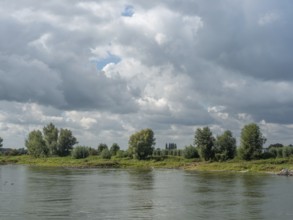 Calm river with grassy banks and trees in the background under a cloudy sky, zutphen, gelderland,