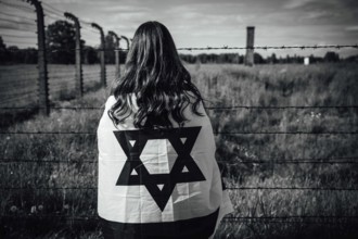 Jewish girl with Israeli flag by the fence of the concentration camp
