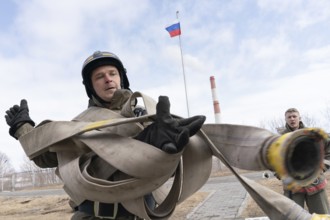 PETROPAVLOVSK CITY, KAMCHATKA PENINSULA, RUSSIA, APR 19, 2019: Firefighter-rescuer Emercom of