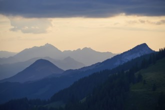 View from Breitenstein to Wendelstein and Spitzstein, Chiemgau Alps and Mangfall mountains,