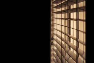 Horizontal shot of venetian blinds creating a moody and noir inspired atmosphere with light