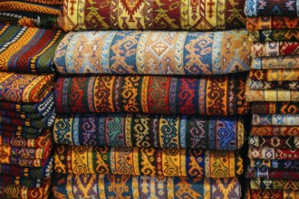 Traditional Turkish rug textile with patterns in bazaar