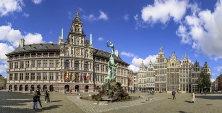 Panoramic photo of Antwerp City Hall (Stadhuis Antwerpen), the Brabo Fountain and the historic