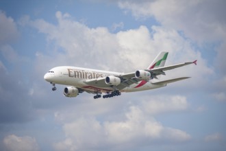 02.06.2024, Berlin, Germany, Europe, An Emirates Airline Airbus A380-800 passenger aircraft with