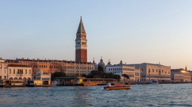 Morning light at sunrise, Doge's Palace and Campanile San Marco, panoramic view, Venice, Italy,