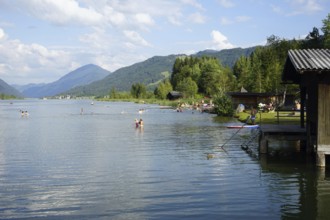 Beach at lake Weissensee, Gaitaler Alps, Alps, Kaernten, Austria, Europe