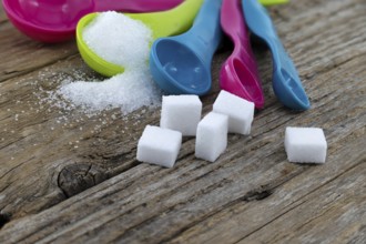 Array of sugar presentations on a wooden table, showcasing sugar cubes and granulated sugar
