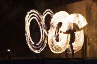 Fire show, pyrotechnics, fire effects, fire poi, light effects, fire glow, quarry site, marching,