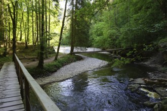 Hiking trail, wooden bridges over the Wutach, Wutach gorge between Bachheim and Wutachmühle, middle