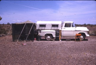 Camper, caravan, tent, 1950s, Florida or California, USA, North America