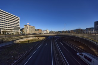 General architecture, modern architecture, Sparkasse Saarbrücken, roundabout, bridge, blue sky,