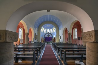 Interior with chancel of St Stephen's Church, Art Nouveau building with neo-Romanesque elements,