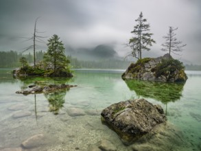 Hintersee under a cloudy rainy sky, Berchtesgaden National Park, Ramsau, Upper Bavaria, Bavaria,