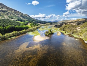 Loch Dochart and River Fillan from a drone, Highlands, Scotland, United Kingdom, Europe