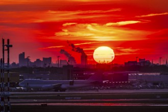 Cologne Bonn Airport in the evening with sunset and sunset. Cologne, North Rhine-Westphalia,