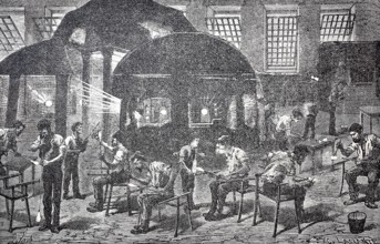 Workers in a glass factory around 1850, France, digitally enhanced reproduction of a 19th century