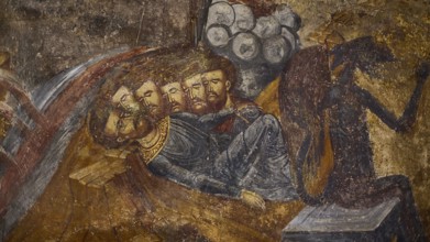 A fresco shows three crowned heads in a reclining pose next to a shadowy creature, Easter 2025,