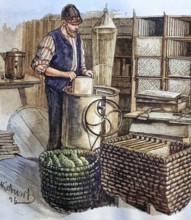 Beekeeper extracting honey, coloured wood engraving, reproduction of an original from ca 1888,