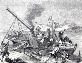 The people destroy the steamboat of Denis Papin (22 August 1647 to 26 August 1713), French