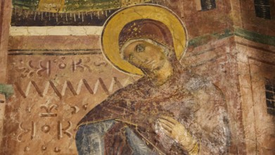 Detail of a fresco with Mary and gentle facial features, monastery, Moni Thari, near Gadouras